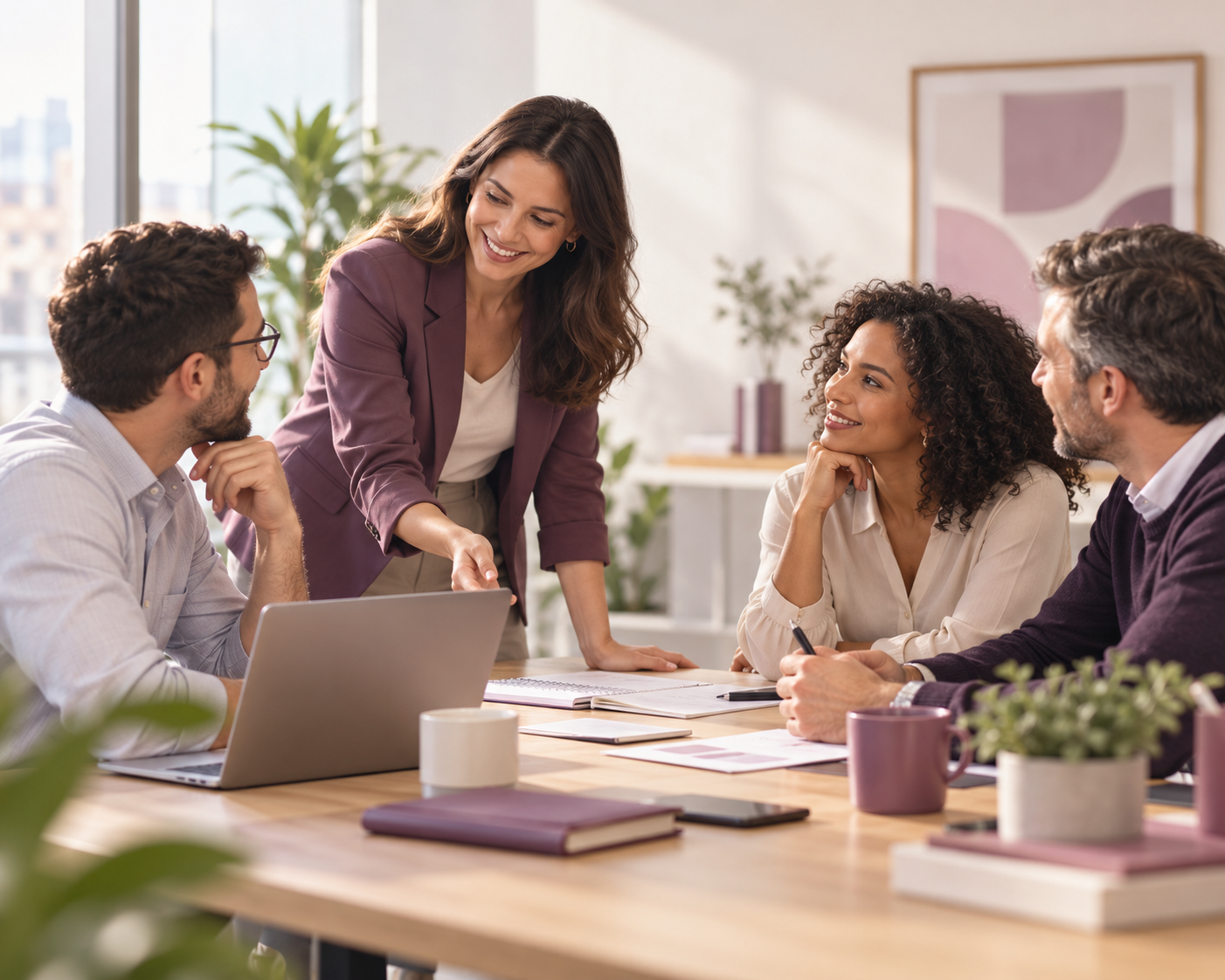 Profissionais reunidos em um ambiente corporativo, conversando e planejando ações em equipe.